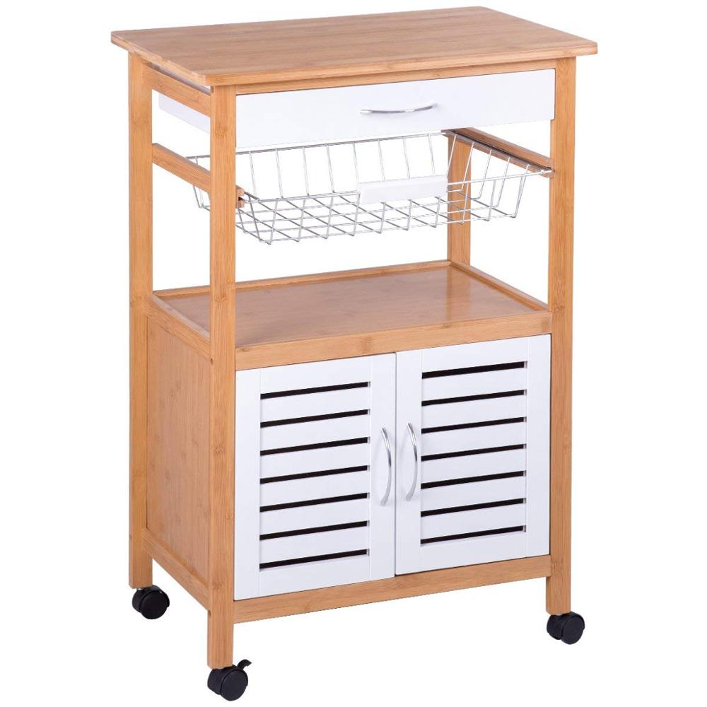 
Kitchen Cart Rolling Trolley Cart Island Bamboo Top With Storage Drawer Basket Cabinet Truck Kitchen 