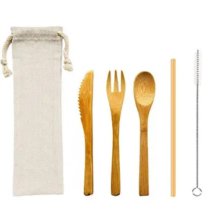Image of Bamboo Wooden Travel Utensils with Pouch for Camping Travel Picnic Office or Home Fork Spoon Chopsticks