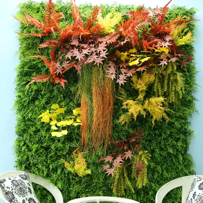 
China Factory Turtle Leaf Artificial Customized Boxwood Green Plant Wall Panel Fake Plant Wall with Small Flowers Hanging 