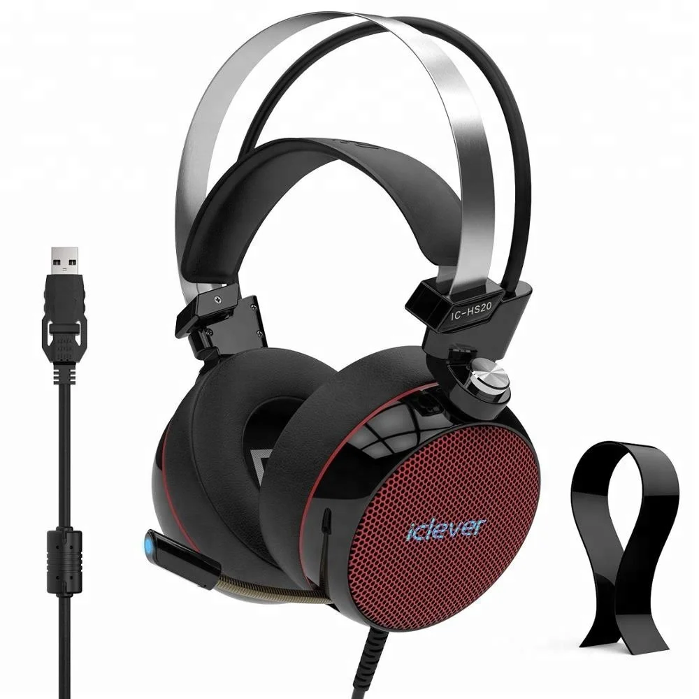 

iClever Gaming Headset 7.1 Surround Sound Over Ear Headphones with Noise Canceling Microphone, Stand, LED Light, Vibration