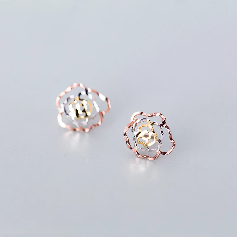 

New fashion Hollow Out Rose Flower Tricolor Stud Earrings Wholesale For Women 925 Sterling Silver Jewelry