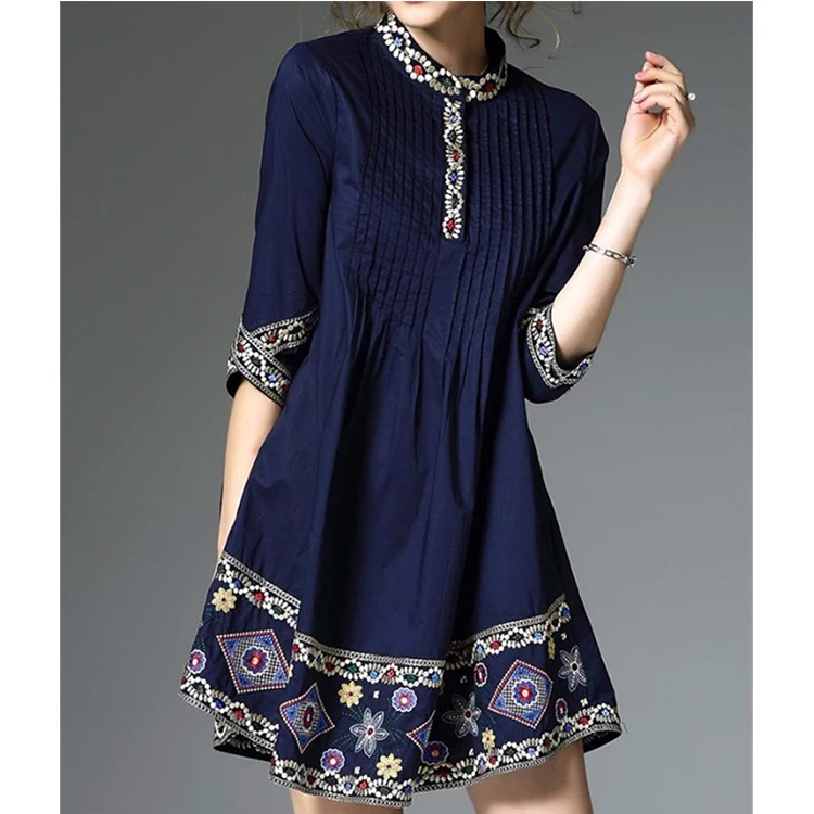 

Loose Boho Design Half Sleeve Floral Embroidery Dress For Women, Kahki