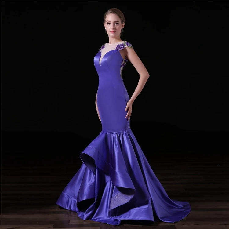 
Royal Blue Satin Mermaid Embroidery Applique Lace Sheer Back Floor Length Prom Dress 