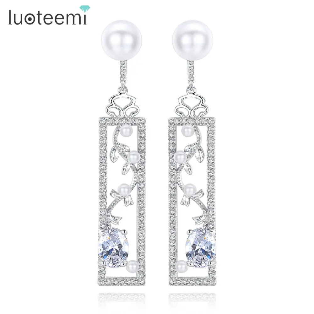 

LUOTEEMI Brand Elegant Delicate Geometric Flower Shape Clear Imitation Pearl CZ Drop Earrings Gift For Girl Friend Wife