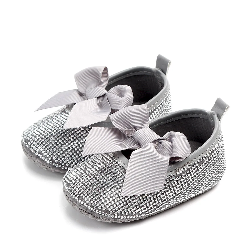 

Beautiful rhinestone decoration soft sole fancy baby girl shoes, Grey/white