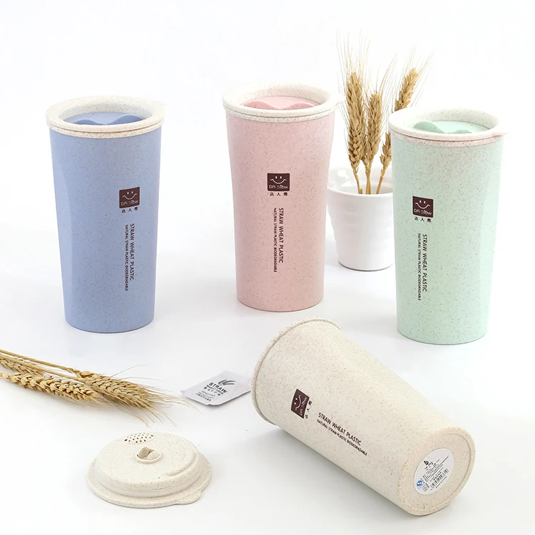 

Wholesale Gift Wheat Straw Custom Logo Portable Office Double-Layer Coffee Cup, Blue,pink,beige,green