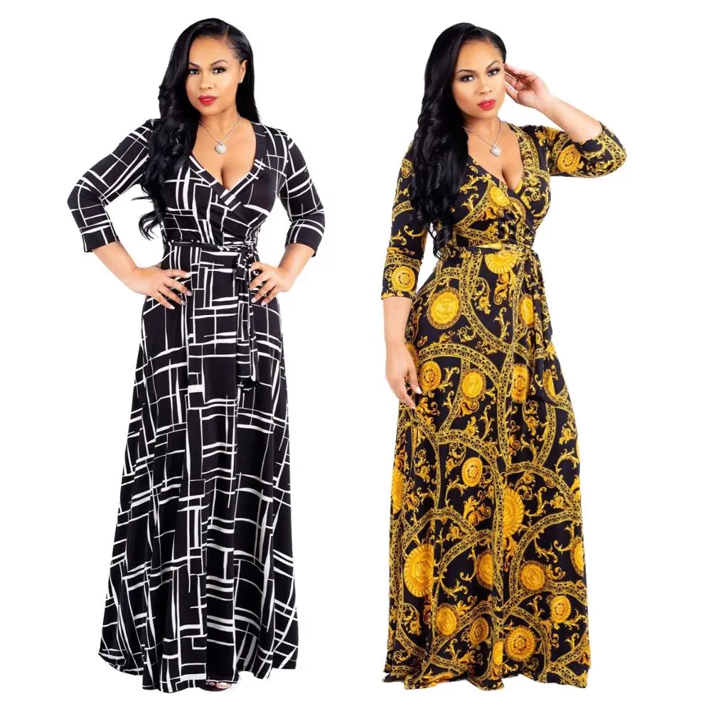 

Promotion Ladies private label printed plus size long sleeve maxi dresses