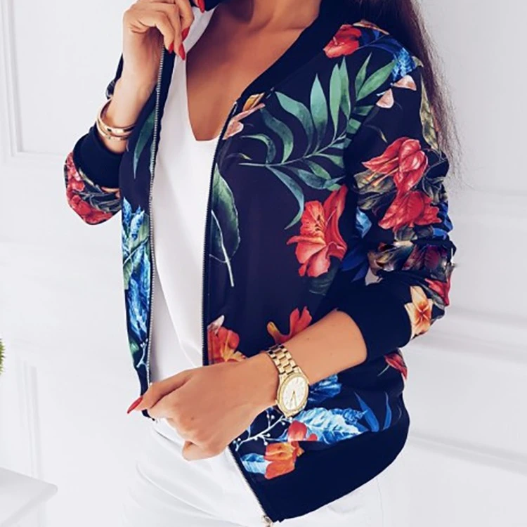 

ecowalson Fashion Womens Ladies Retro Floral Zipper Up Bomber Baseball Jacket Casual Sports Outwears Coat, As show