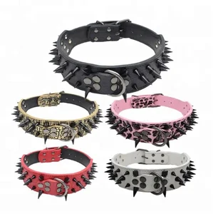 Image of Sharp Spiked Studded Leather Collars Pitbull Bulldog Big Adjustable For Medium Large Spiked Dog Collar