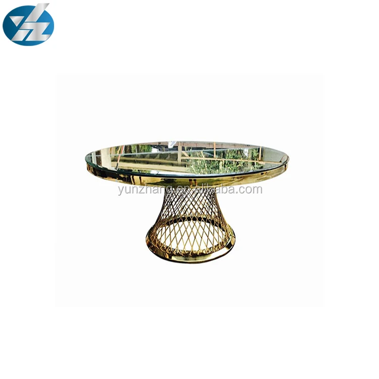 
Hotel Gold Stainless Steel Mirror Glass Top Wedding Dining Table 