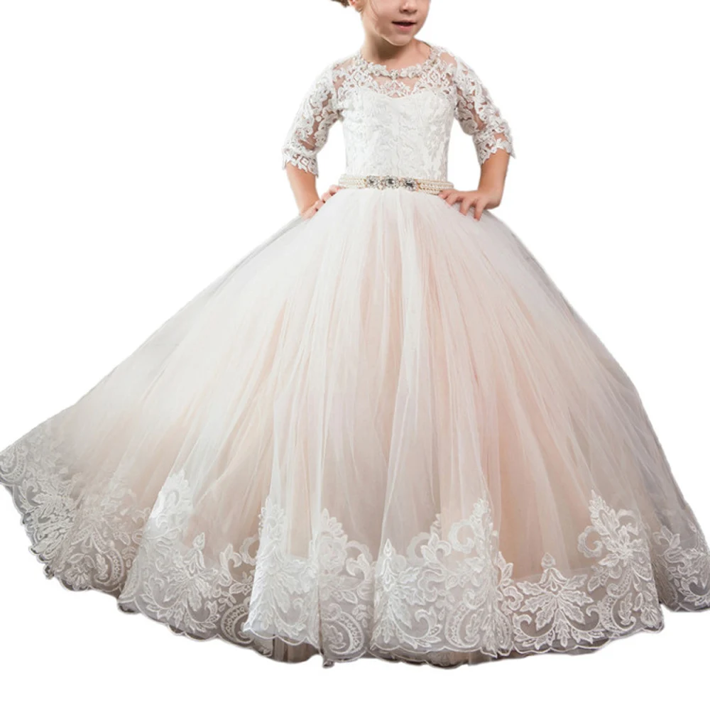 

fancy little girls party dresses long kids evening ball gown children champagne latest flower girls net dresses for wedding, Picture color;white