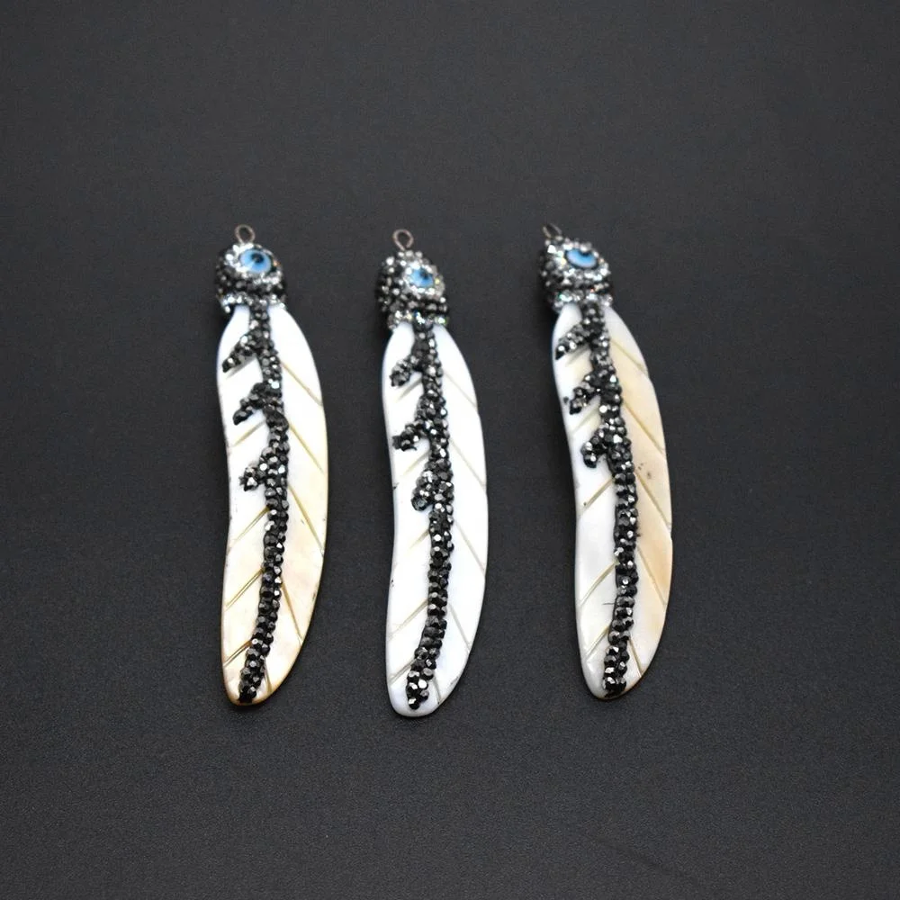 

Wholesale Long Feather Shape Rhinestone White Shell With Bule Eye Pendant For Fashion Necklace Making