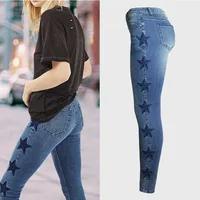 

Explosion ladies stars pattern comfortable denim pencil pants spring skinny embroidered elastic jeans women