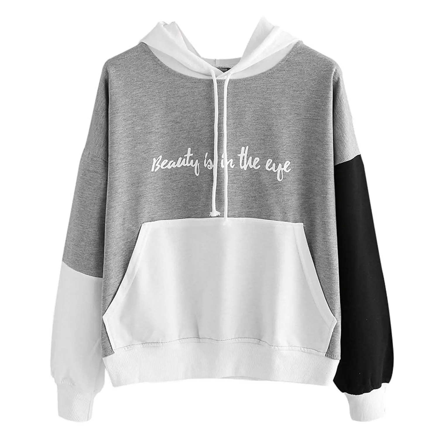 Ulanda Womens Letters Print Patchwork Long Sleeve Hoodie Ladies Sweatshirt Loose Hooded Pullover Casual Tops Blouse