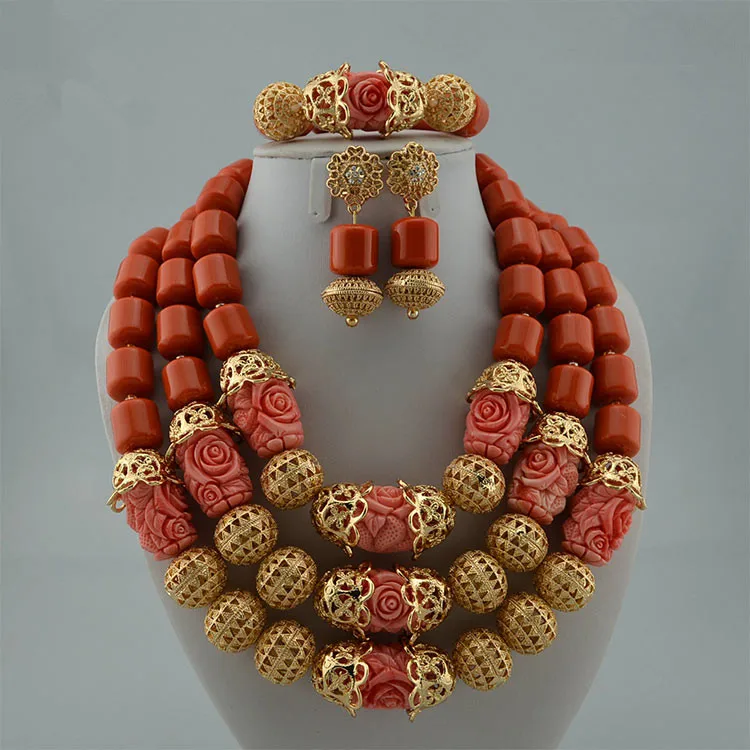 

Queency African Coral Beads Carved Rose Bridal Jewelry Set Wedding, As shown & customized