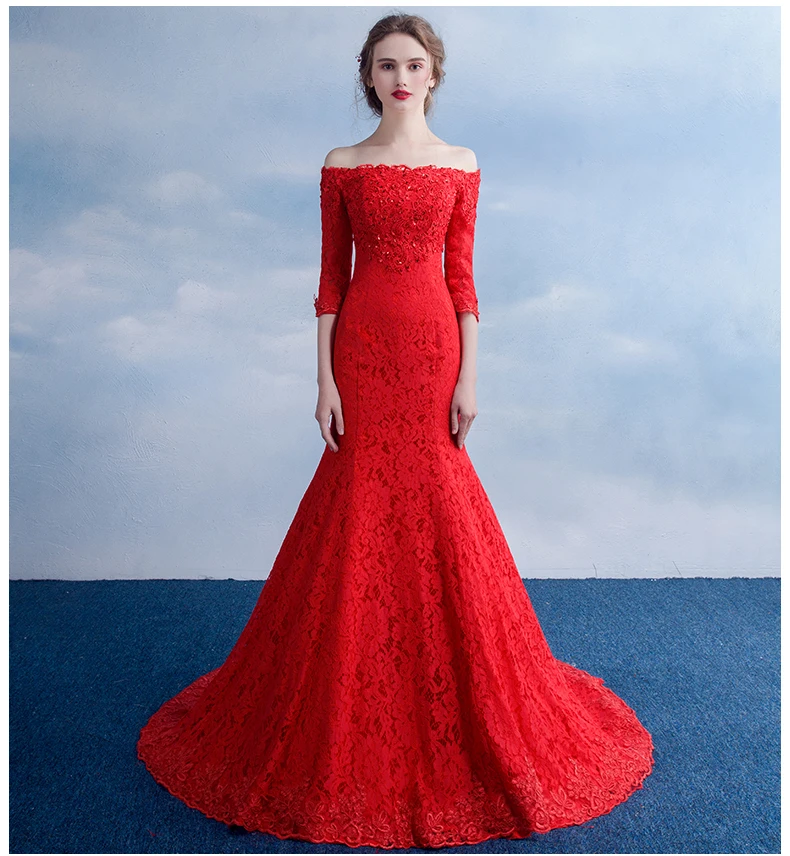 

Long Mermaid Red and White Beaded Guangzhou Chiffon Off-Shoulder Wedding Dress, White;red