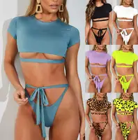 

2019 Short Sleeve Front High Waist Triangle Bikini Sets Swimsuit Women Swimwear Two Pieces Ladies Bathing Suits