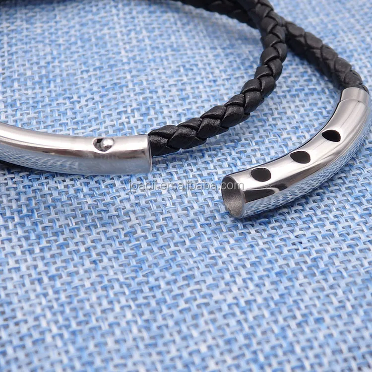 Wave Men's PU Leather thin braid bracelet with titanium steel adjustable clasp silver&gold&black custom logo engraved