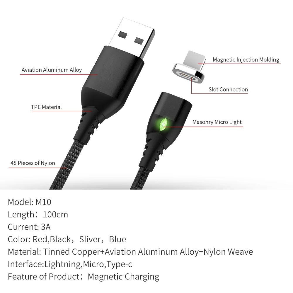 Phone accessories magnetic charging cable usb diamond light 3 in 1 quick charge phone charge micro usb for phones - ANKUX.COM