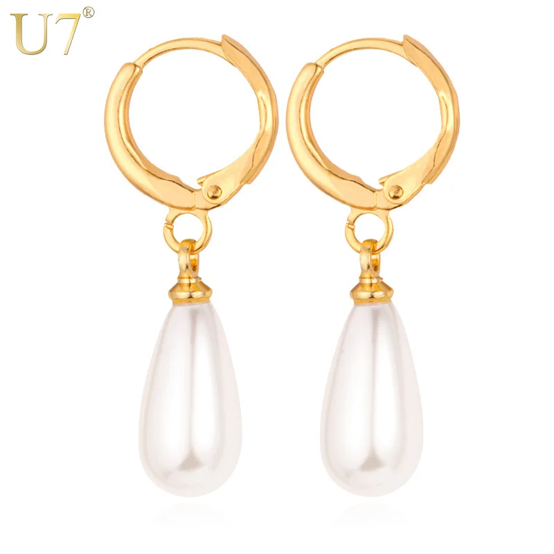 

U7 Gold Plated High Quality Simulated Fresh Water White Pearl Drop Earrings