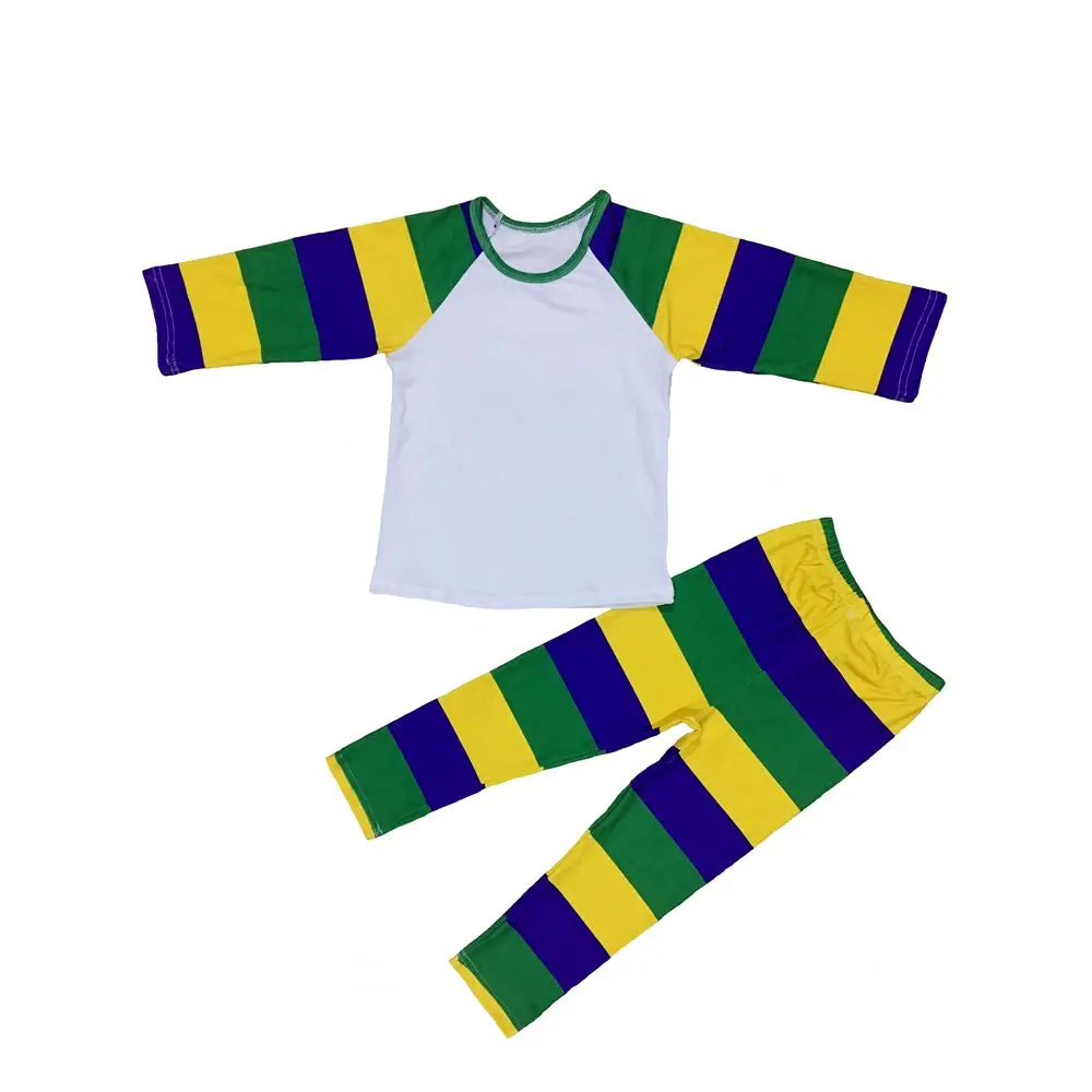 

mardi gras long sleeve cotton set baby girl holiday outfit colorblock striped kids 2pcs clothing set, Purple;green;gold