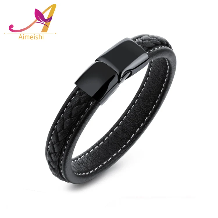 

Fashion Design Men Leather Bangle 316L Stainless Steel Magnetic Buckle Black Cowhide Braided Leather Bracelet, N/a