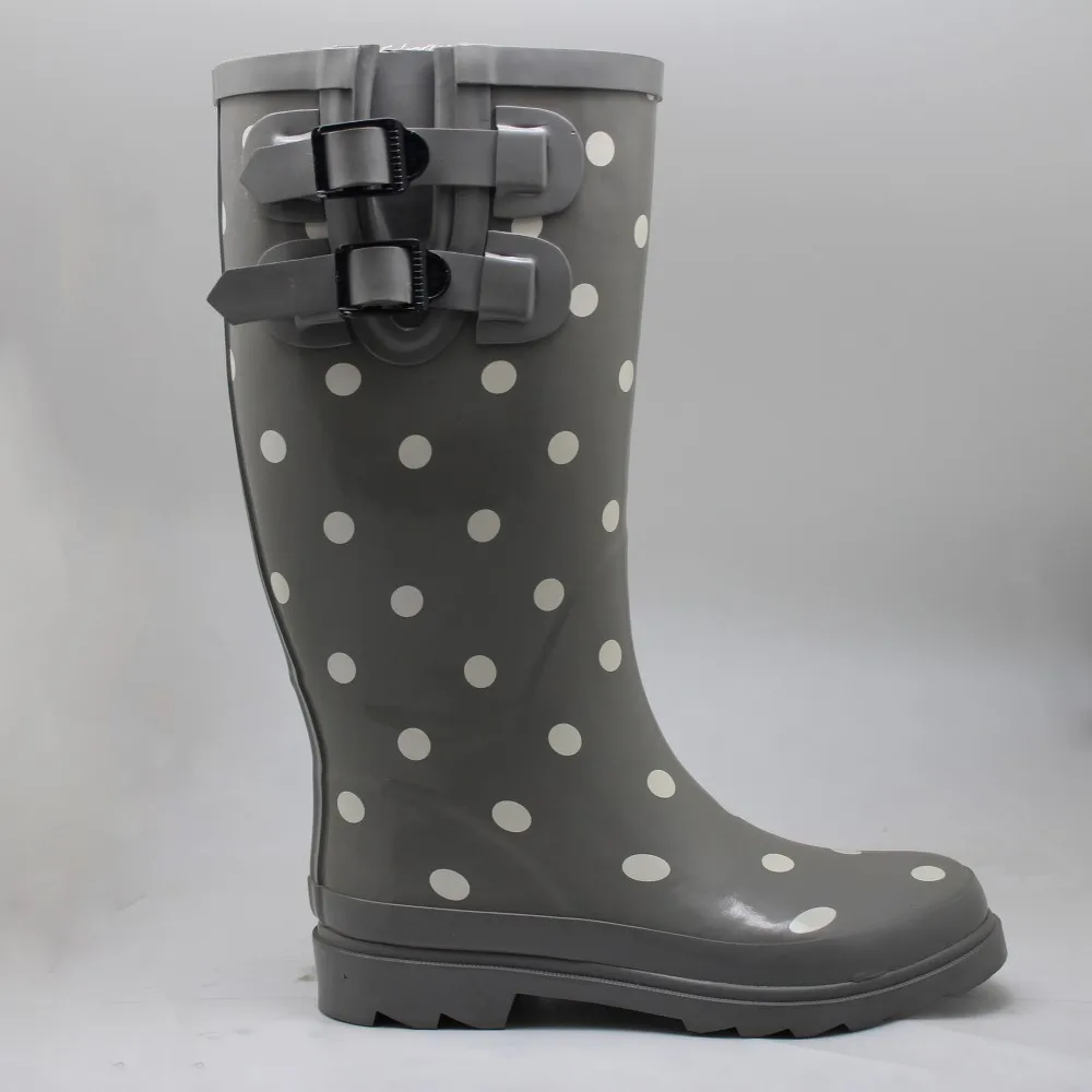 廉价定制女性防水圆点印花威灵顿橡胶雨靴带扣/胶靴/橡胶套鞋