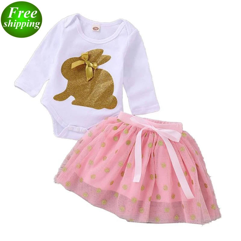 

easter day 2019 bunny print baby white rompers & pink dot tutus skirts 2pcs set, Picture shown