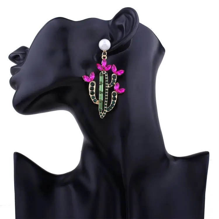 

Amazing Design Beautiful Celebrity Style Big Statement Crystal Plant Cactus Chandelier Earrings, Green and rose red