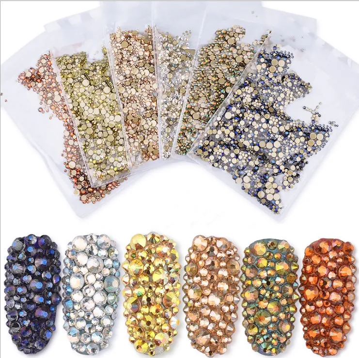 

Muliti Size 1440pcs/bag AB Crystal Glass Rhinestones Nail Art Gold Flatbacks Nail Decorations, Picture