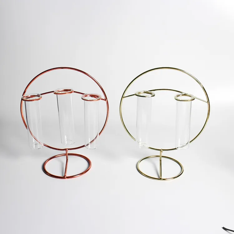 Home Decoration Flower Glass Test Tube Bud Vase With Gold Metal Stand