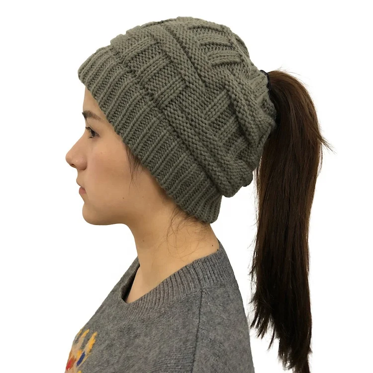 
High Quality Customizable Bamboo weaving Art Women Ponytail Beanie Warm Winter Striped Knitted Hat 