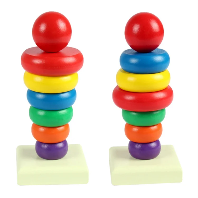 Rainbow Tower Ring Wooden Stacking Stack Up Kid Baby Educational Toy Jv MO MO 