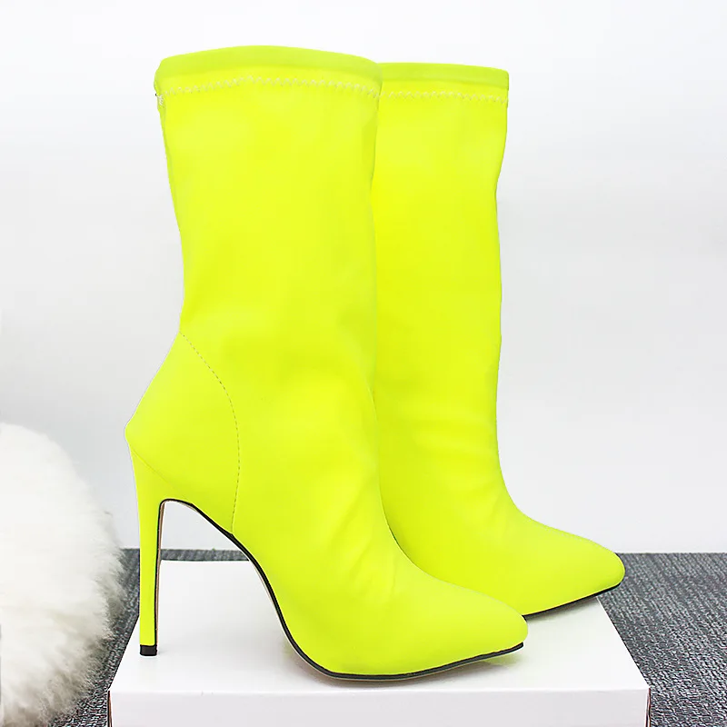 Csb43 Fashion Neon Pink Neon Green Shinning Chunky Heel Boots Women ...