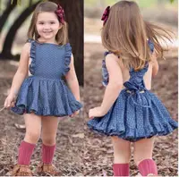 

2019 summer fly sleeved kids DENIM BLUE cotton dress floral vest dresses 0-6years