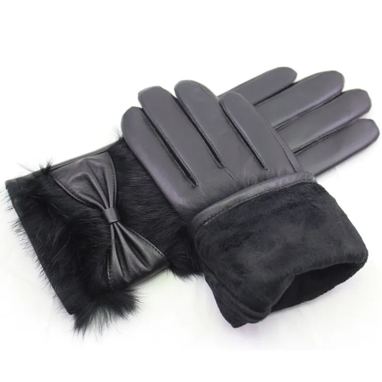 fashion ladies genuine sheepskin leather gloves with real fur leather gloves