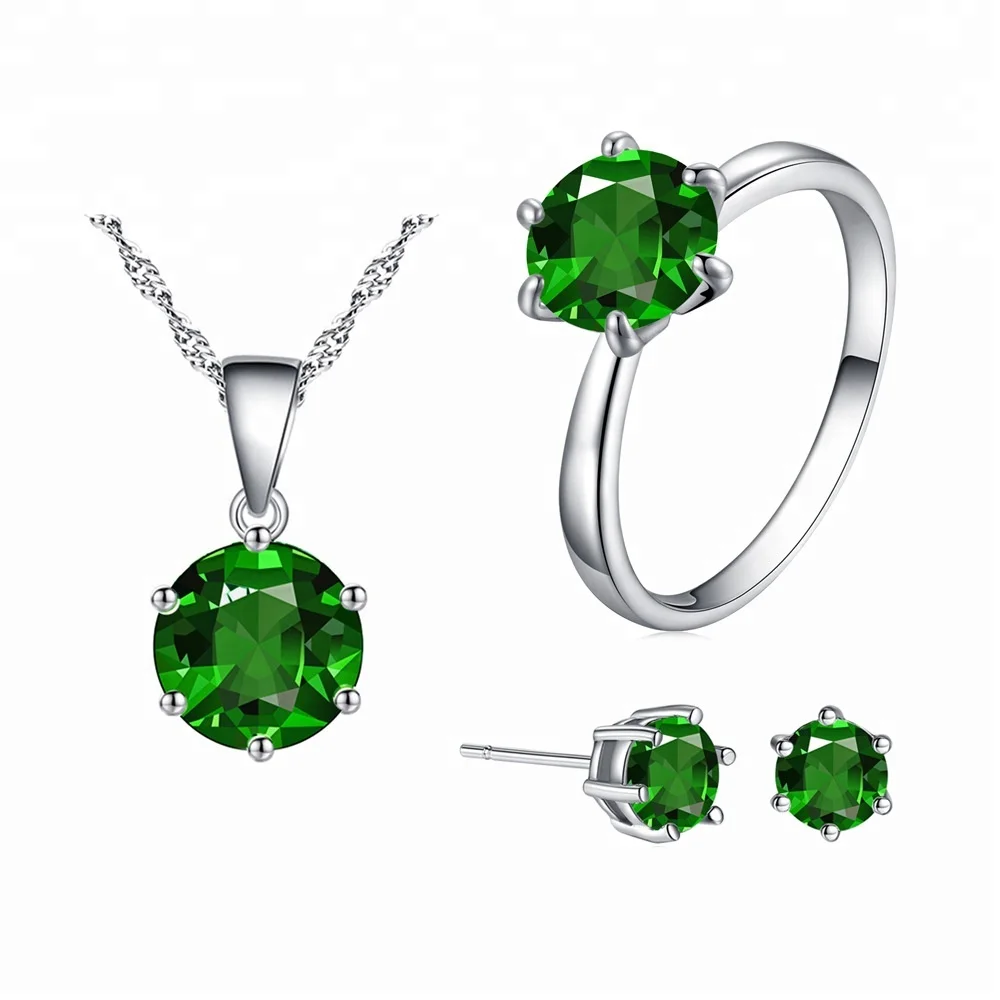 

Six-claw Round AAA Cubic Zircon Necklace Earring Ring Fashion Wedding Jewelry Set, White,green,blue,pink,purple,rose gold,gold