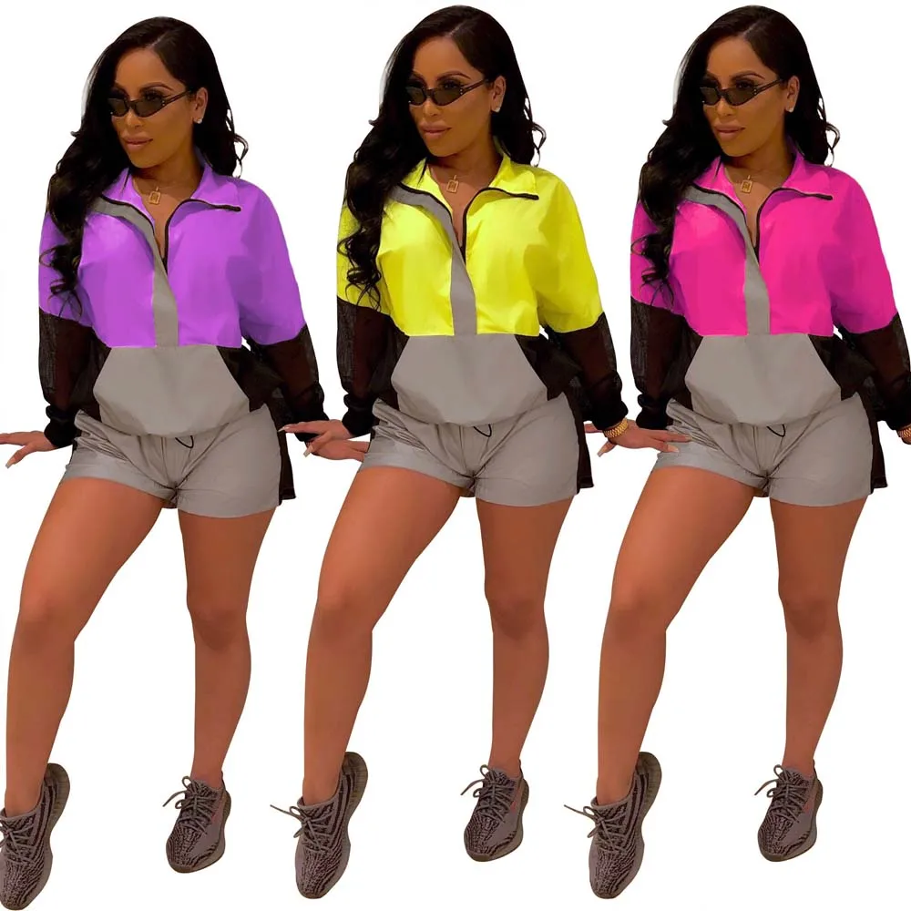 

Color Block Reflective Zip Up 2 Piece Outfit Women Short Pants Set women sportswear, Purple;yellow;rose