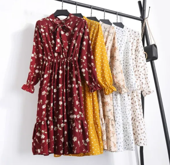 

Chiffon Print Dress Casual Cute Women floral Long Bowknot Dresses Long Sleeve OCW19021