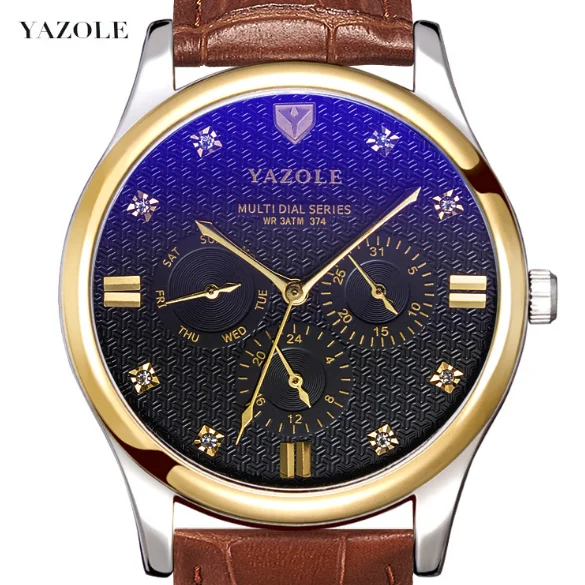 

YAZOLE D374 Relogio de marca clock manufacturers Chinese luxury brands yazole genuine leather premium men watches, Blue and white dial