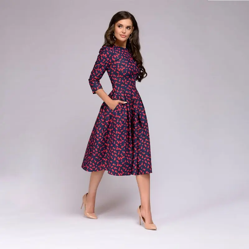 Women Printing Elegent A-line Vintage Long Sleeve Party Vestidos Dress 