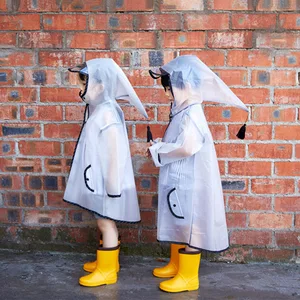 Hot sale eco-friendly children EVA raincoat with elf hat Children's transparent raincoat with hooded tassels big hat