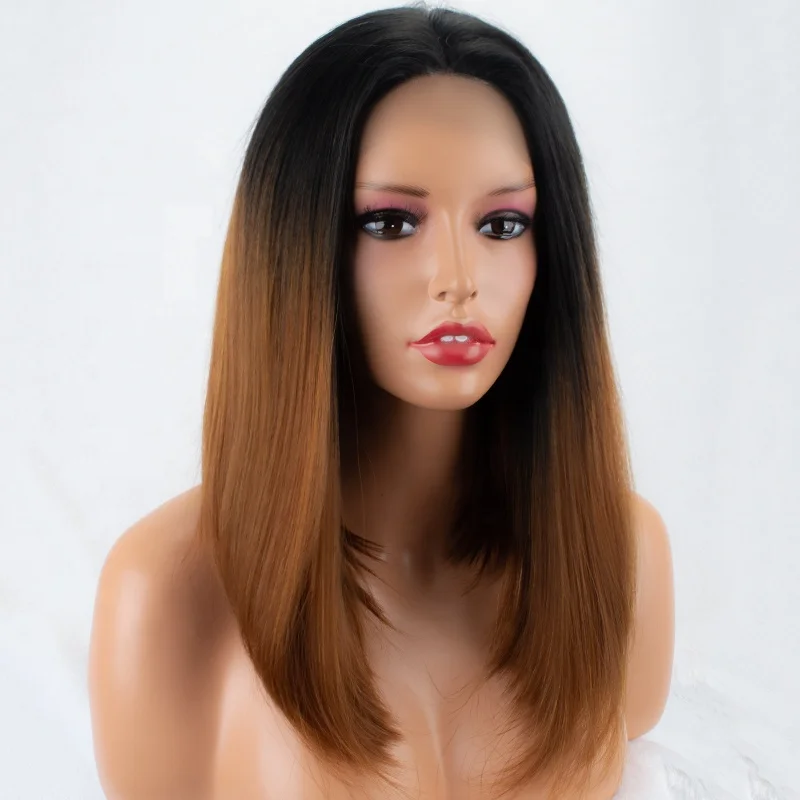 

Aliblisswig Heat Resistant Fiber Hair Two Tone Dark Root Ombre Brown Short Bob Straight Synthetic Lace Front Wig