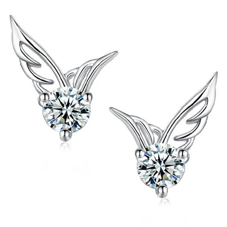 

New Fashion Women Silver Angel Wings Crystal Ear Stud Earrings Shiny CZ Zircon Earrings Jewelry Brincos (KER121), Same as the picture