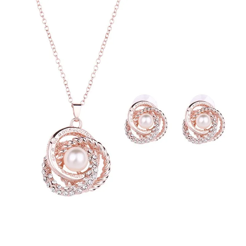 

Pink White Beads Flower 2Pcs Per Set Fresh Pure Women Wedding Party Gold Chain Necklace Earring Jewelry Sets