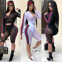 

2019 Women's Two Piece Set Clothing Casual Mesh See Through Long Sleeve Zipper Top And Bike Shorts 2 Piece Set Outfits