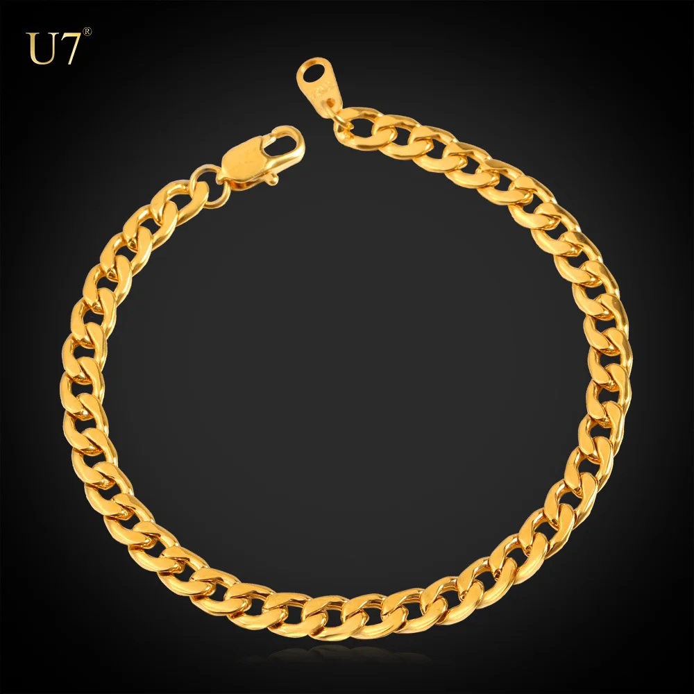 

U7 5mm width 21cm stainless steel man bracelet gold plated curb cuban link chain bracelets for mens