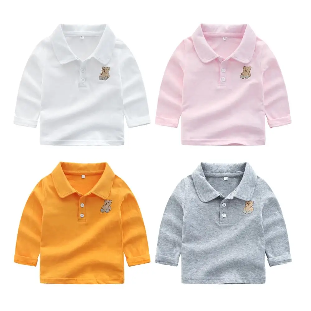 

Polo Shirts Kids Clothes Tops Solid Color Turn-down Collar Long Sleeve Polo Baby Boy Bear Embroidered Boys Polo Shirts, As picture