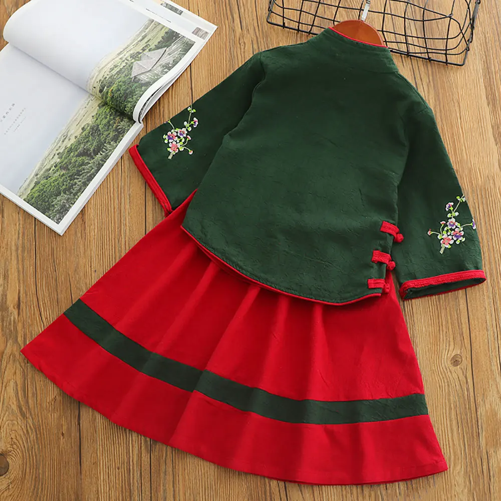 
spring new girl hanfu Chinese traditional style children modified ethnic cotton vintage two-piece tang suit 