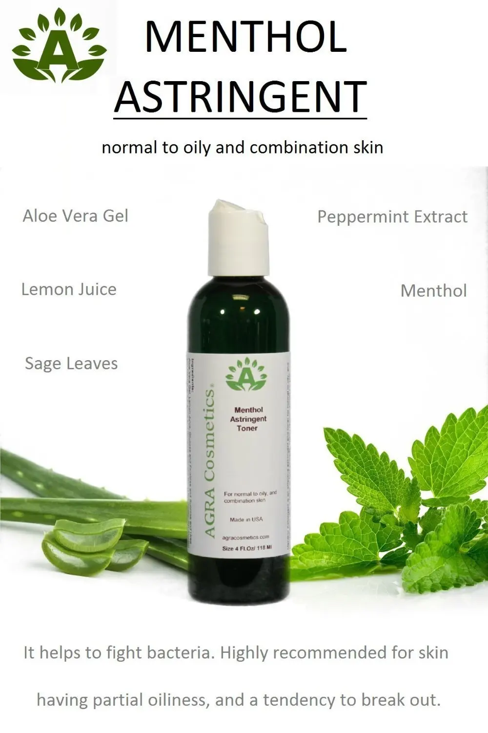 Agra Cosmetics® Menthol Astringent Toner 6 Fl.Oz/180Ml (786471377925)